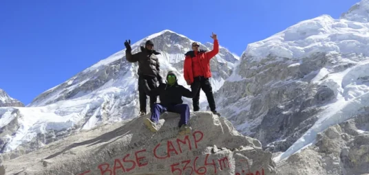 Clients enjoying with pictures in Everest Base Camp