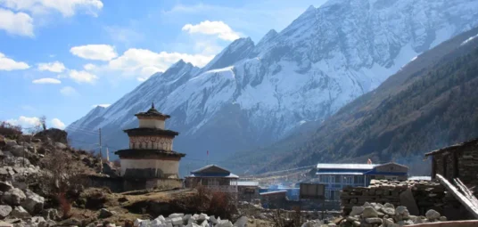 Himalayas churten and teahouse in Kenchenjung Trek